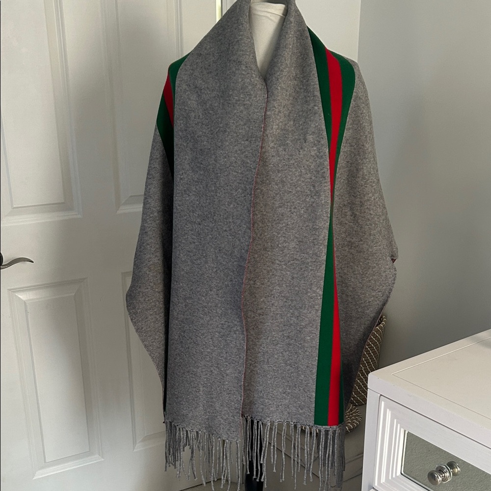 Gray Shawl Sweater Wrap with Red and Green Stripes